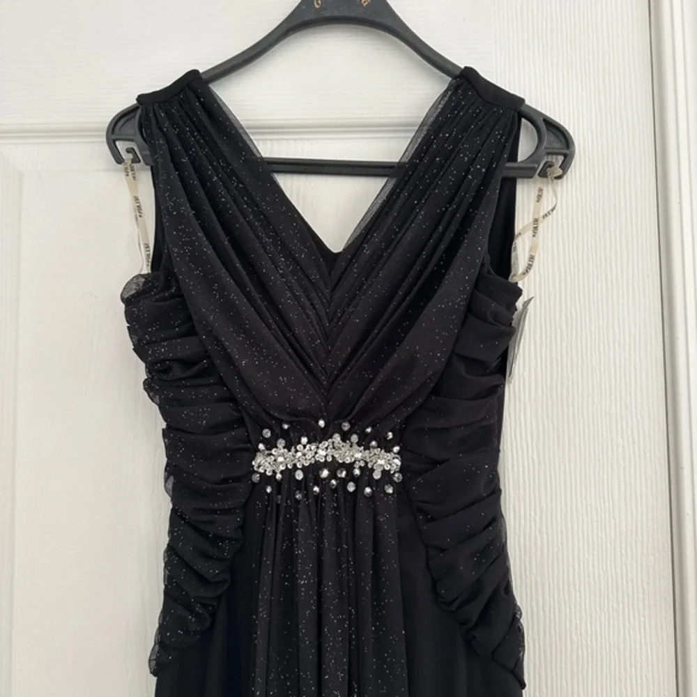 NWT A-Line Formal Maxi Dress‎ Sleeveless V-Neck Tulle Beaded Evening Gown Black